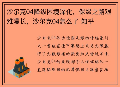沙尔克04降级困境深化，保级之路艰难漫长，沙尔克04怎么了 知乎