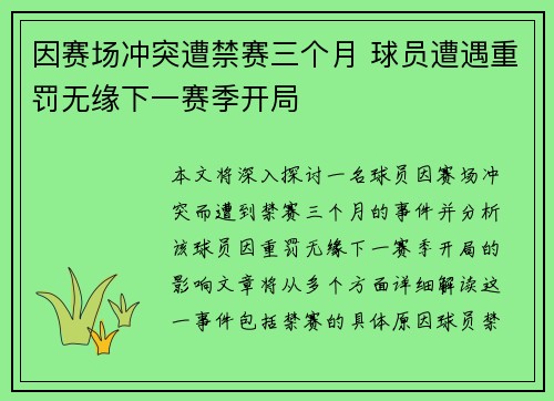 因赛场冲突遭禁赛三个月 球员遭遇重罚无缘下一赛季开局